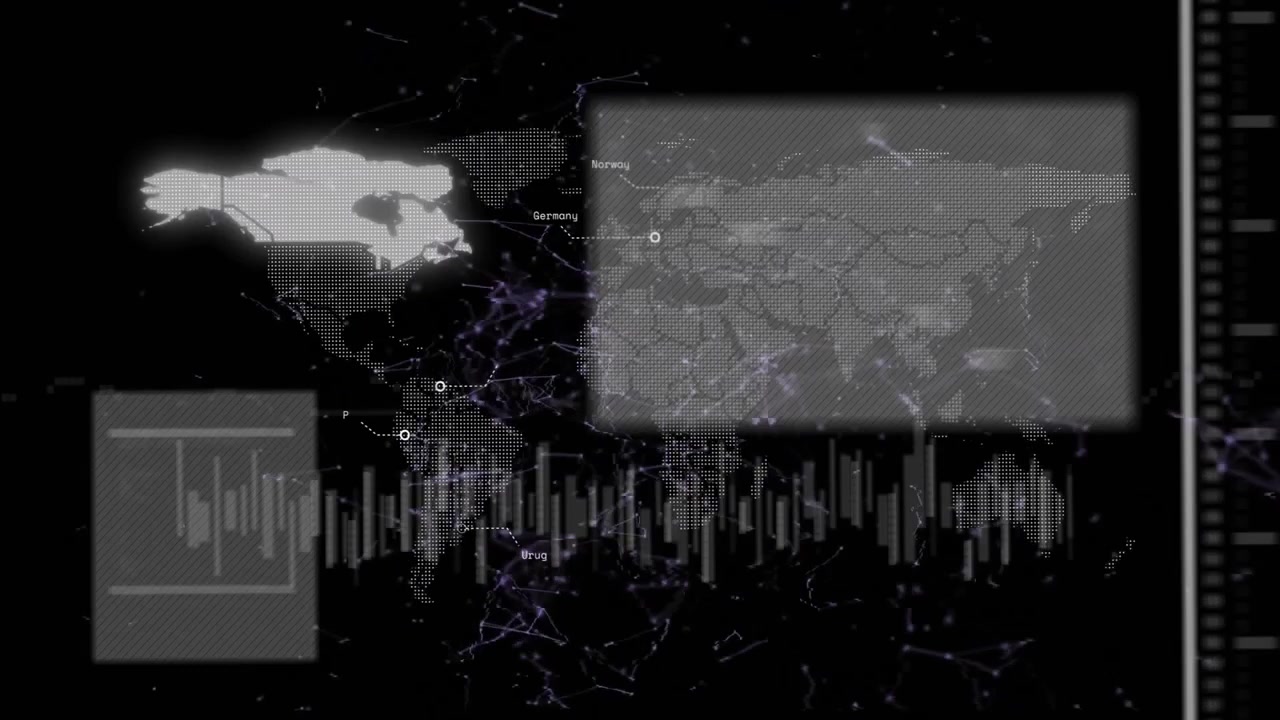 Mappa che evidenzia il Sud America che si sposta verso nord, mentre pannelli con dati pulsanti visualizzano la rete.