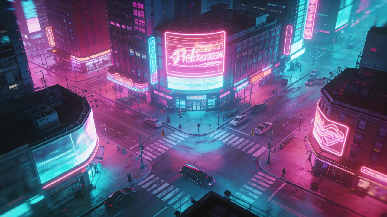 Changing curved neon billboard causing cars moving through wet central junction at night, neon glow