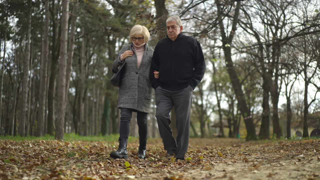 Elderly couple enjoying a walk in the park during autumn