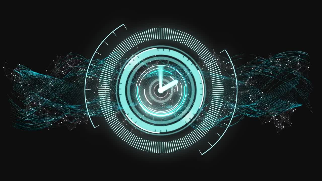 Animation of scope scanning with clock over wave on black background