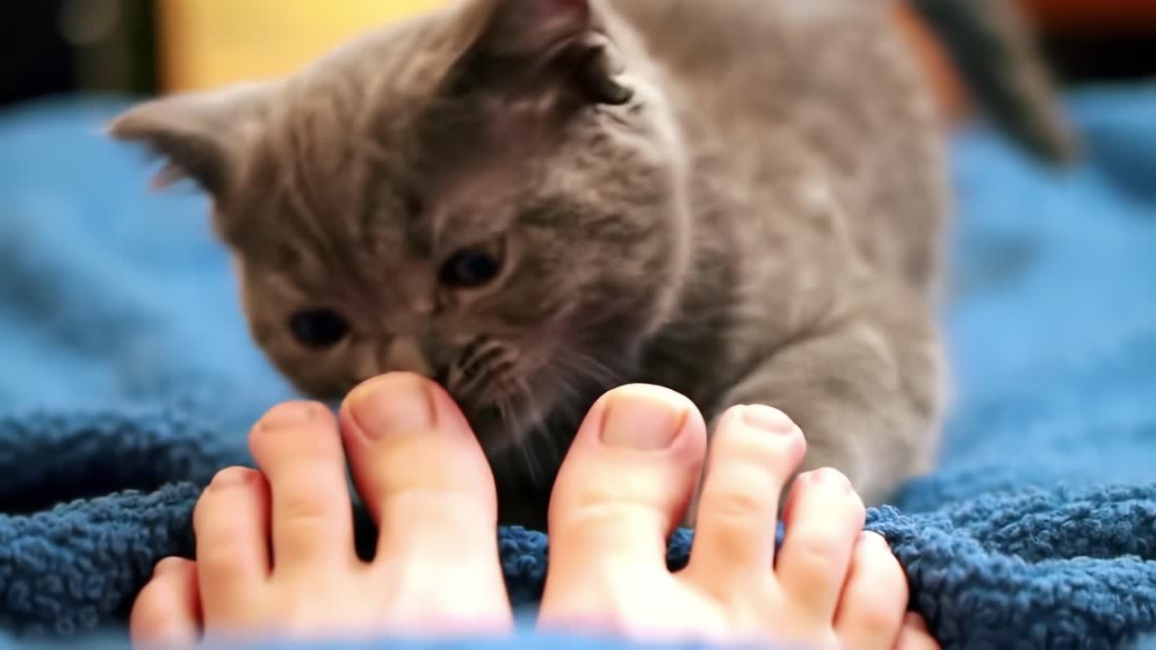 Playful Kitten Interacting with Human Feet on Cozy Blanket, Showcasing Adorable Behavior and Innocent Curiosity in a Homely Atmosphere
