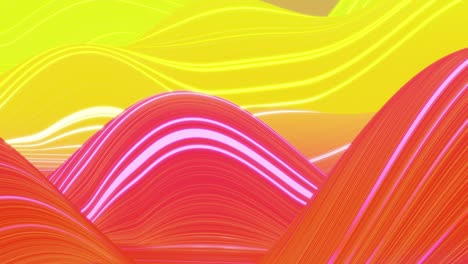 beautiful abstract background of waves on surface, red yellow color gradients, extruded lines as striped fabric surface with folds or waves on liquid. 4k loop. glow lines. 1