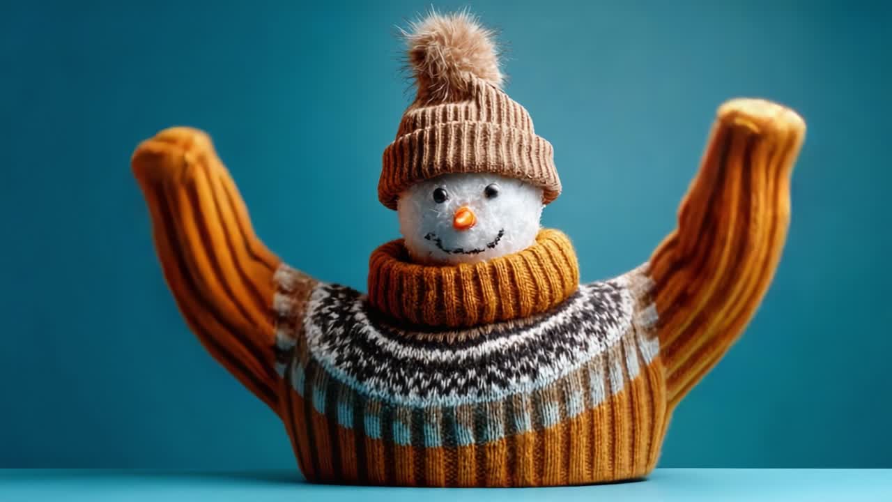 Cheerful Snowman in Cozy Knitted Sweater: A Delightful Winter Scene Where the Snowman Shows Off His Warm Attire with Outstretched Arms, Spreading Holiday Joy