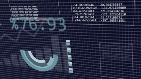 animation of interface with statistical data processing over grid network against blue background