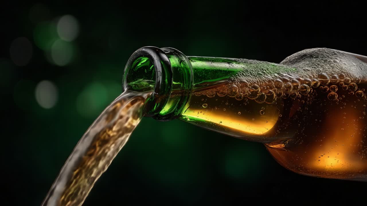 Versamento suggestivo di una bevanda rinfrescante catturato in due fotogrammi, che mostra il liquido frizzante che scorre da una bottiglia di vetro su uno sfondo verde scuro.