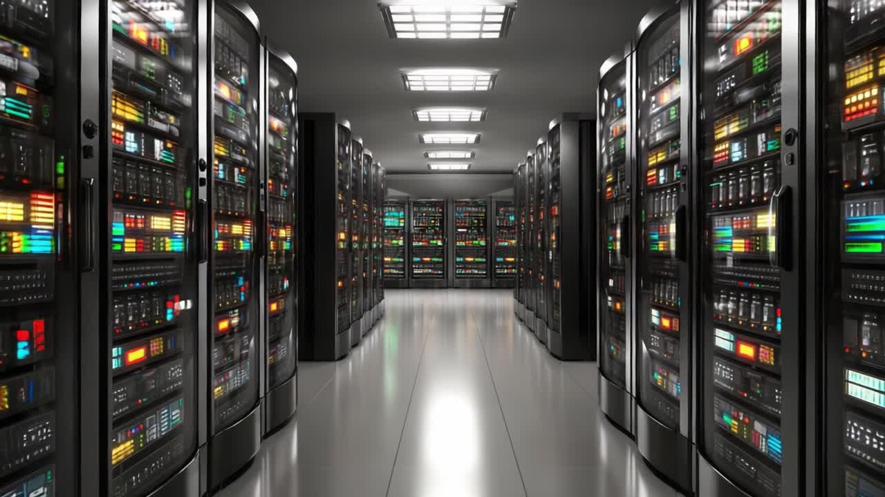 Exploring the Futuristic Data Center: A Journey Through Rows of High-Performance Servers and Advanced Technology in a Brimming Digital Environment