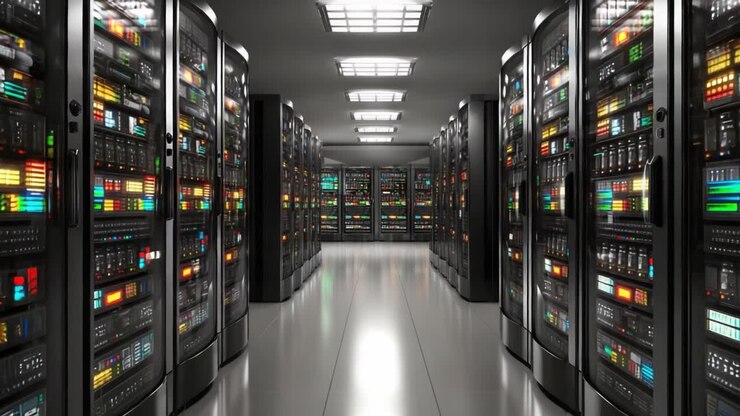 Esplorando il Data Center Futuristico: un viaggio attraverso file di server ad alte prestazioni e tecnologia avanzata in un ambiente digitale all'avanguardia.