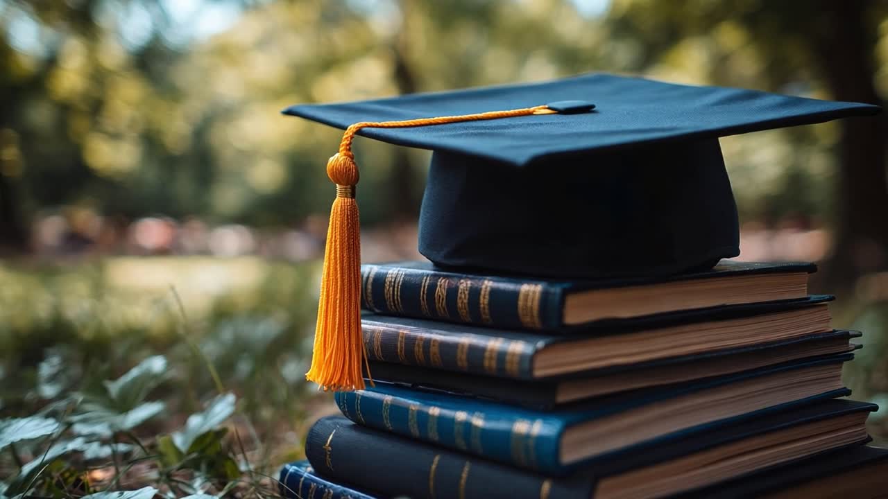 gorra de graduación en una pila de libros