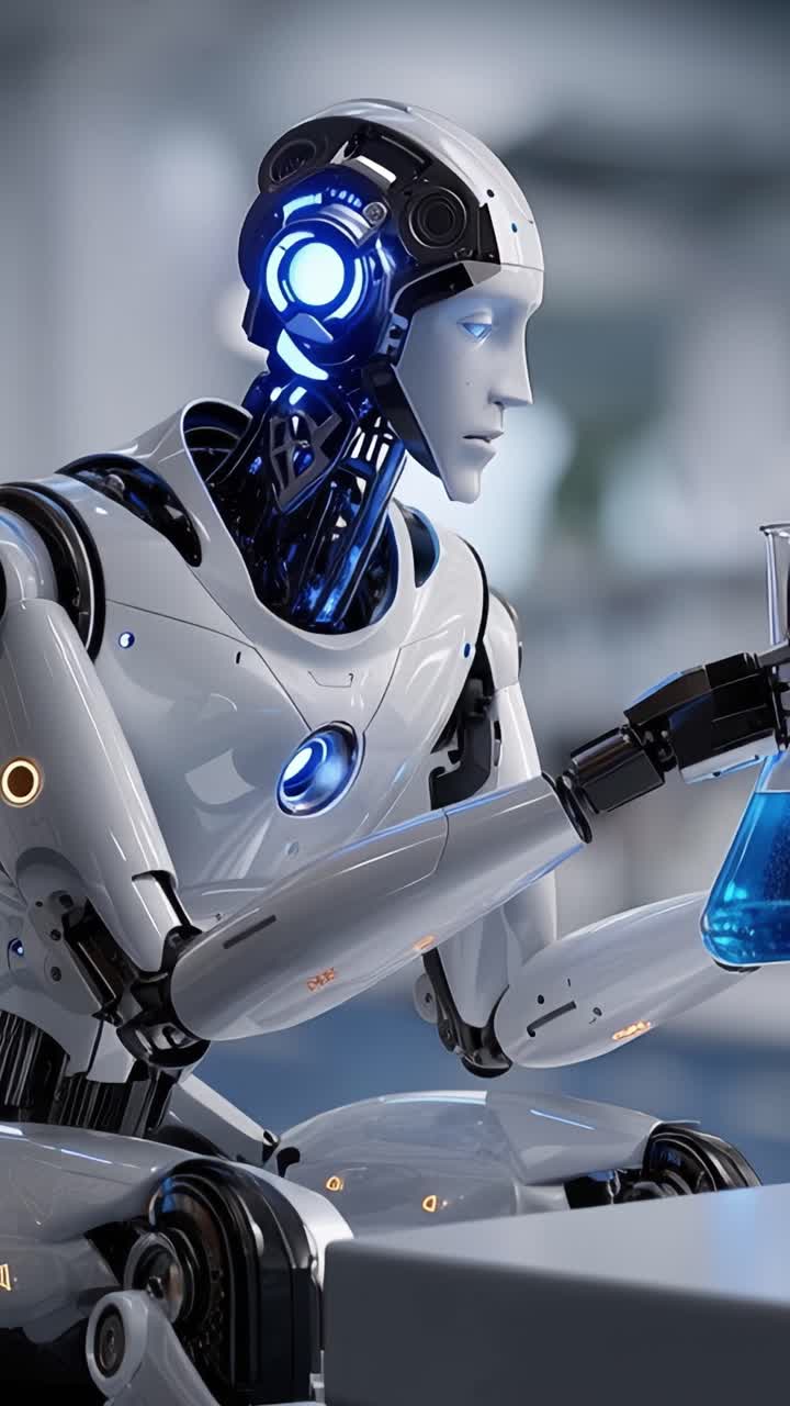 A futuristic humanoid robot with blue glowing accents appears deep in thought in a modern environment, showcasing advanced artificial intelligence and innovative design