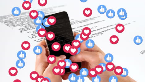 animación de iconos de "me gusta" y "corazón" con un teléfono inteligente en la mano y procesamiento de datos