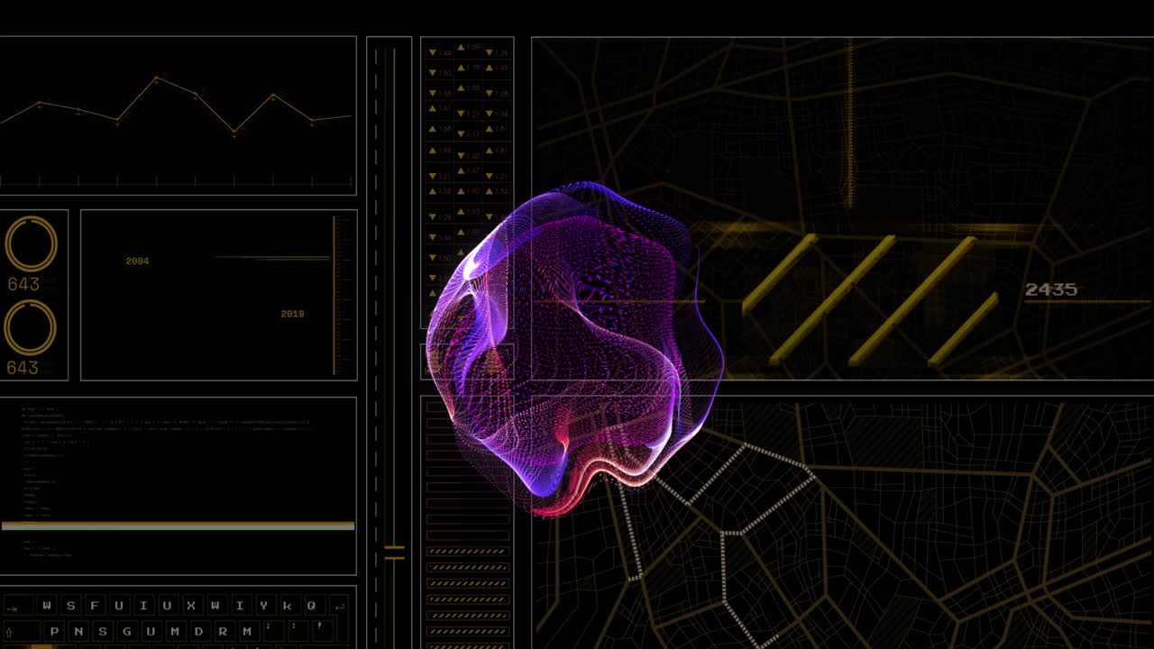 Animation of purple digital wave over interface with data processing against black background