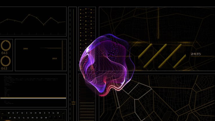 Animation of purple digital wave over interface with data processing against black background
