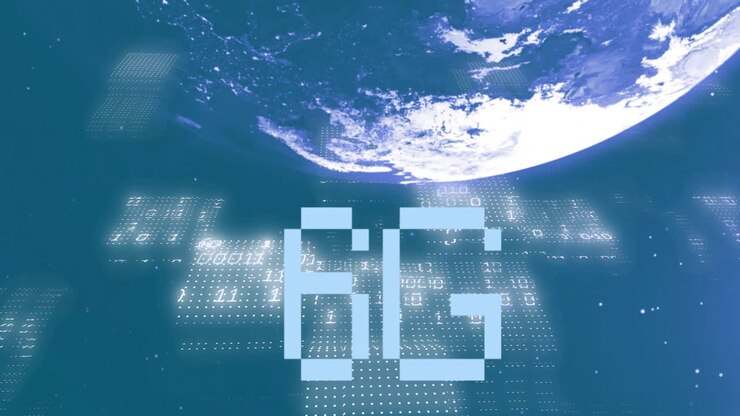Animasjon av 6G-tekst og databehandling over en globus.