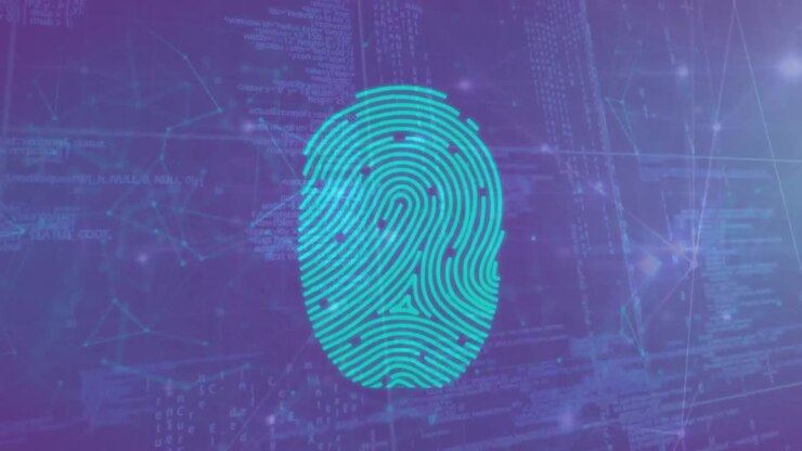 Animation of data and fingerprint over digital padlock on violet background