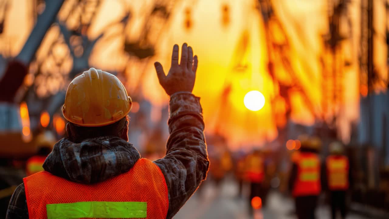 Construction Workers Waving Goodbyes as the Sun Sets Over a Busy Site, Highlighting the End of a Long Day in the Industry with Orange Hues and Safety Gear