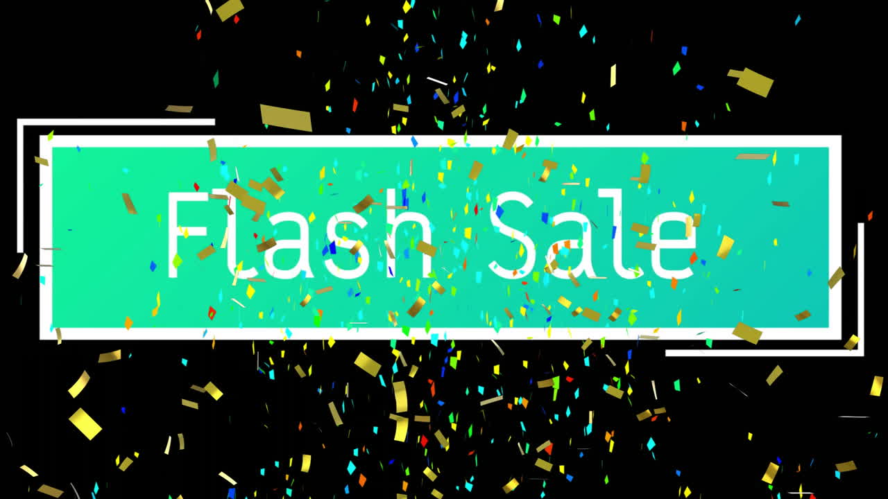 블랙 배경에 다채로운 콘페티와 함께 플래시 판매 텍스트 애니메이션