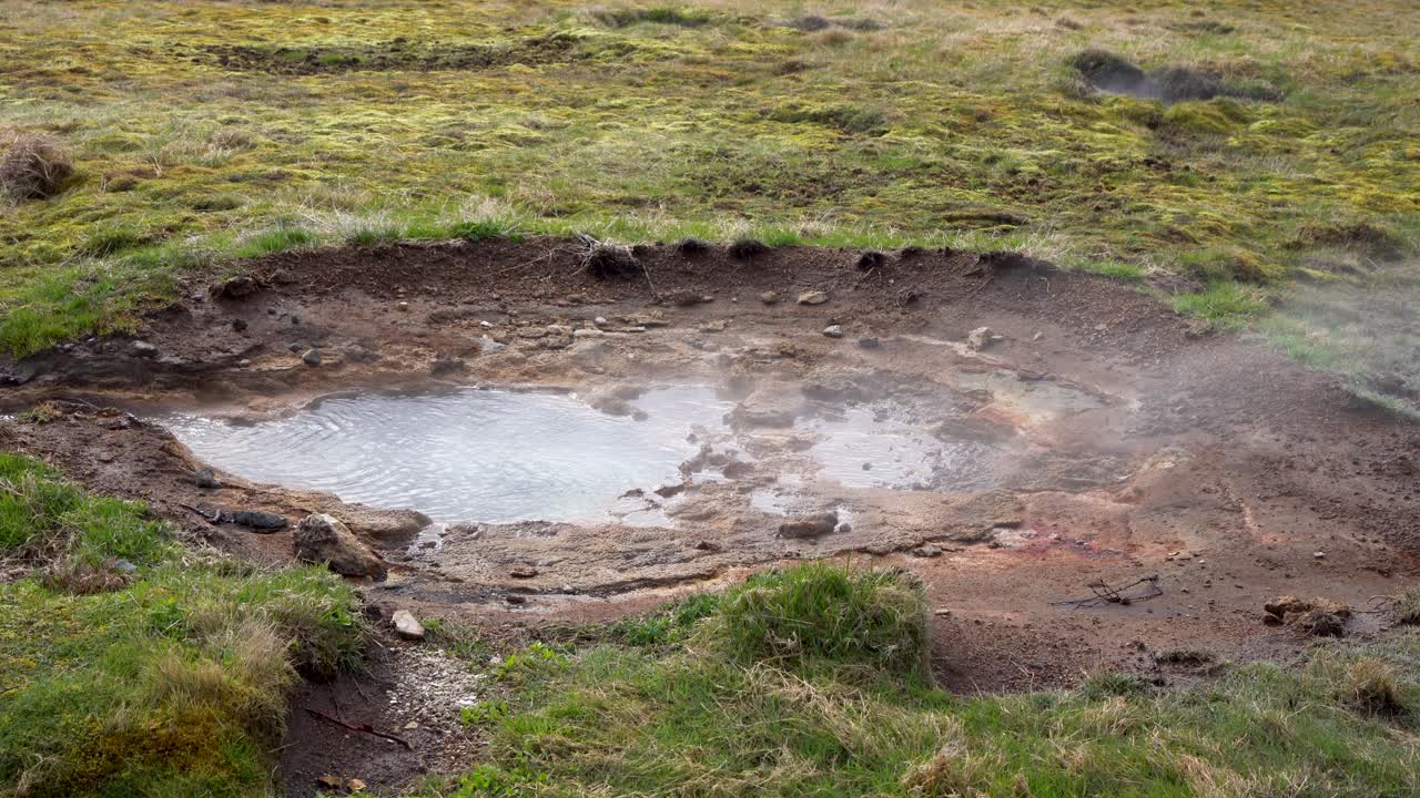 manantial geotérmico humeante en el paisaje islandés, terreno de musgo, agua caliente burbujeante