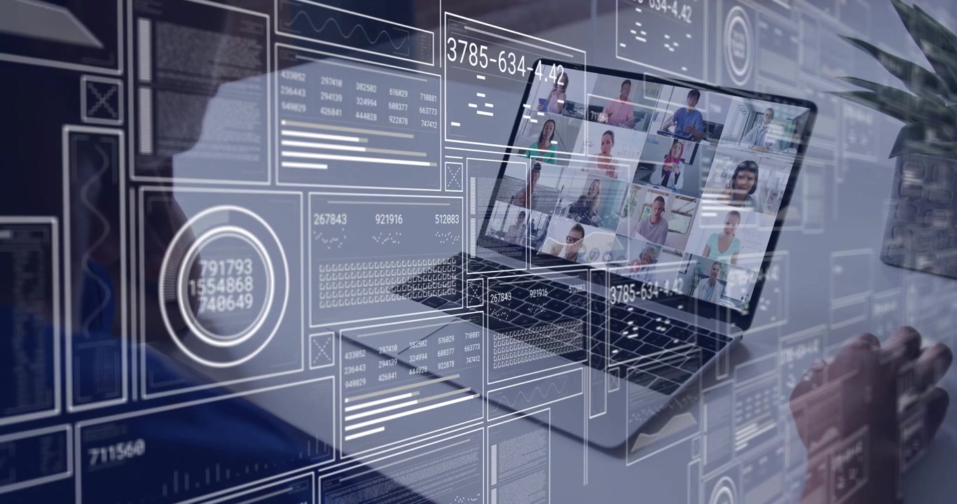 Man activating animated charts and numeric overlays over laptop remote meeting grid for tech review