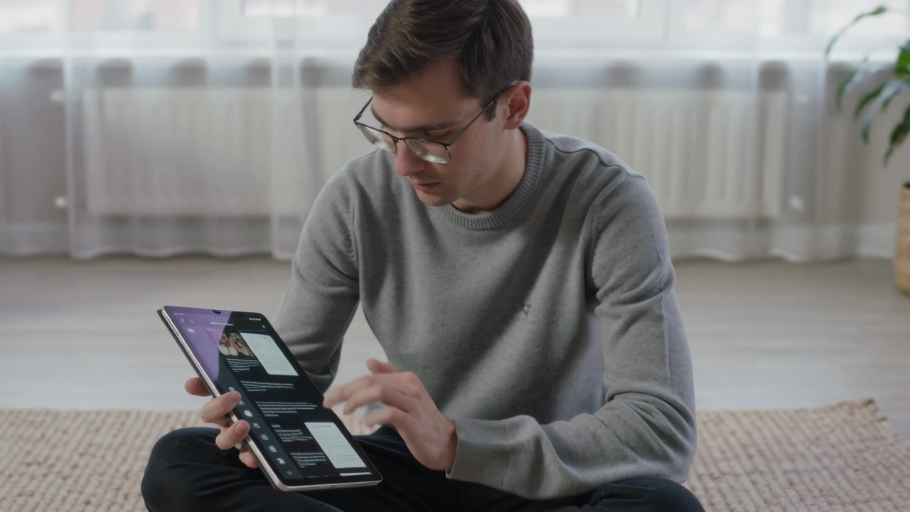 Tapping screen, man wearing gray sweater, glasses scrolling tablet browsing gallery on rug at home