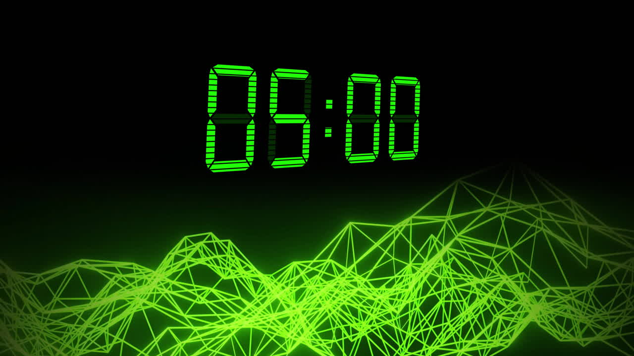 Animation of green digital clock timer changing over networks of connections on black background