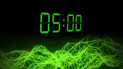 Animación-Del-Temporizador-De-Reloj-Digital-Verde-Que-Cambia-Sobre-Redes-De-Conexiones-Sobre-Fondo-Negro