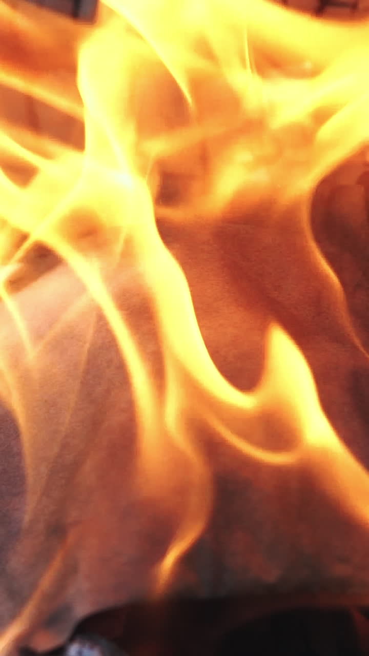 Campfire of the Branches Burn at Night in the Forest. Burning paper in an orange flame closeup. Background of the fire. Vertical video