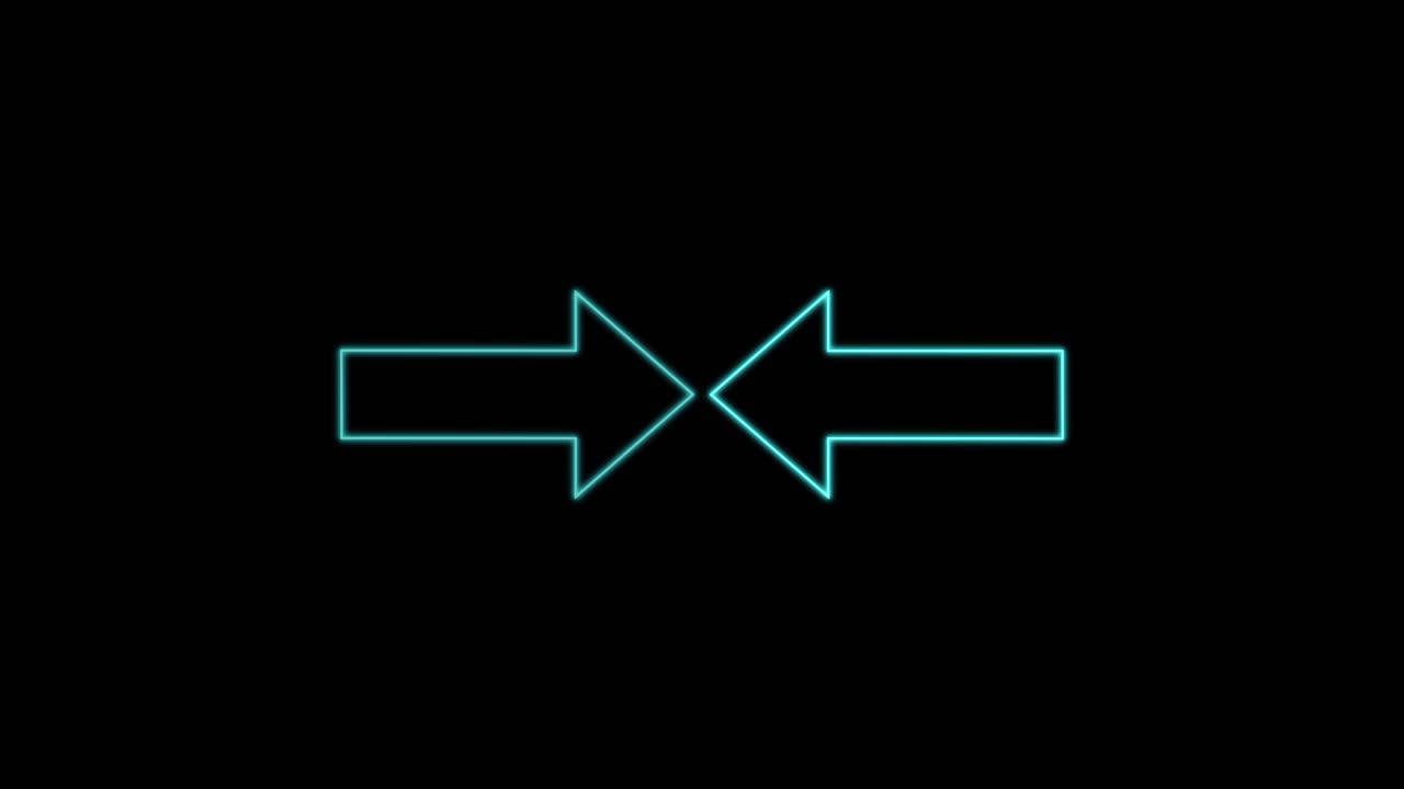Two blue neon outline arrows move toward each other, overlap, and cross on black background