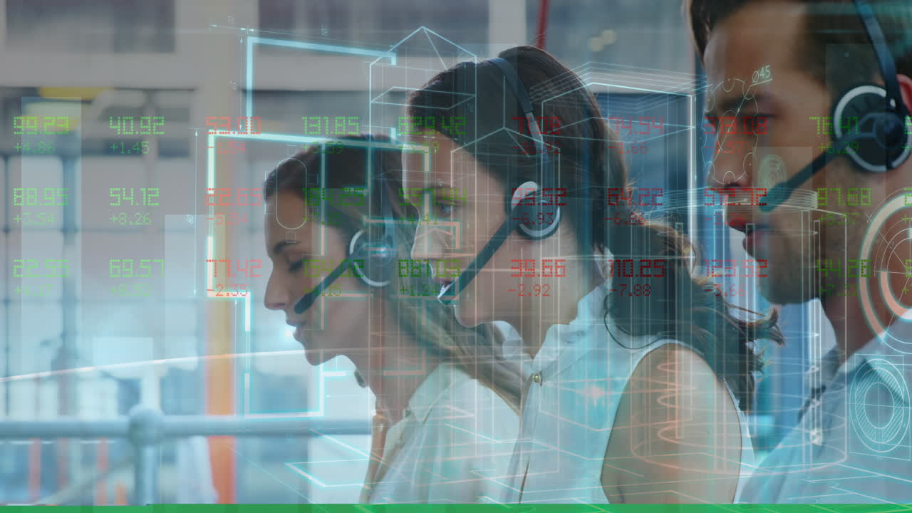 animación de estadísticas y procesamiento de datos sobre personas de negocios que usan auriculares telefónicos