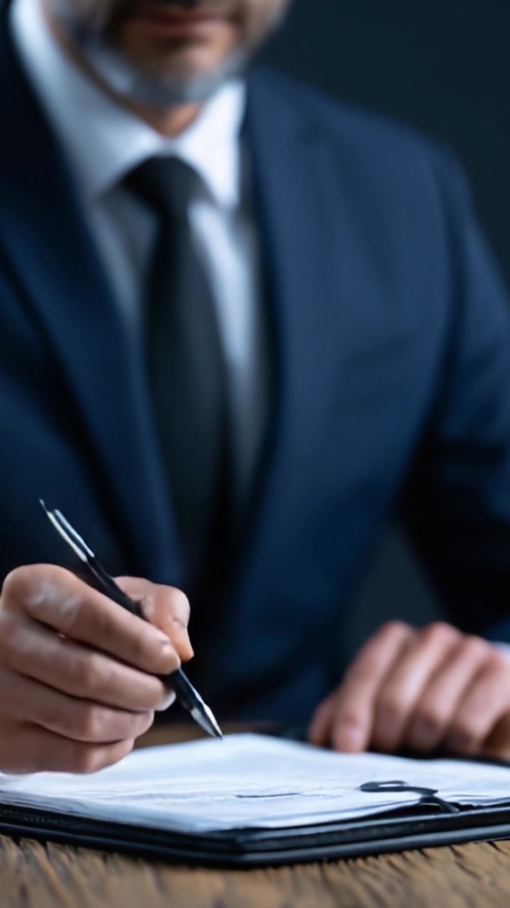 Un professionista in abito si concentra sulla firma di documenti importanti, mostrando dedizione e attenzione ai dettagli in un ambiente d'affari formale.
