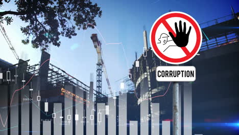 animation of diagrams and building site over warning sign with corruption text