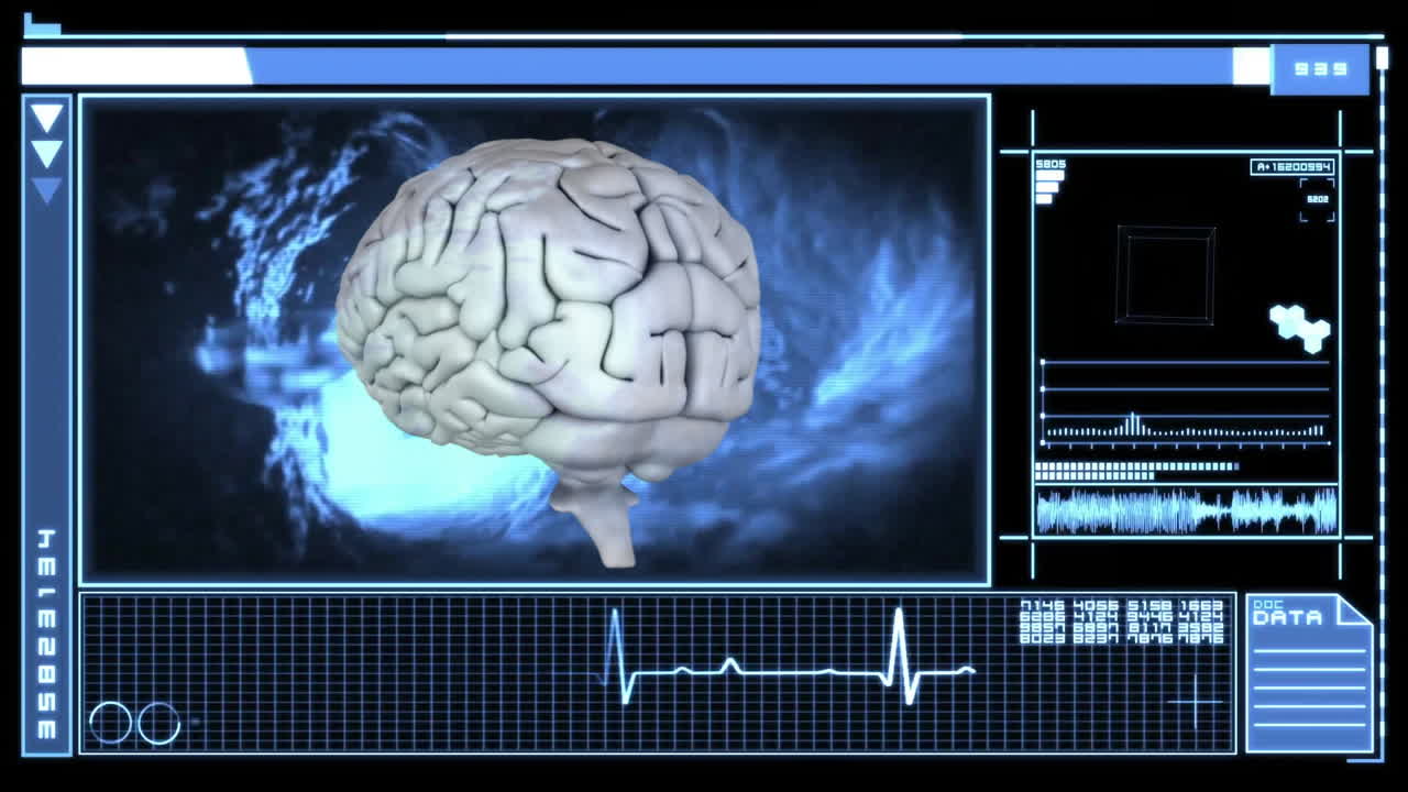 Animation of human brain and data processing over screen