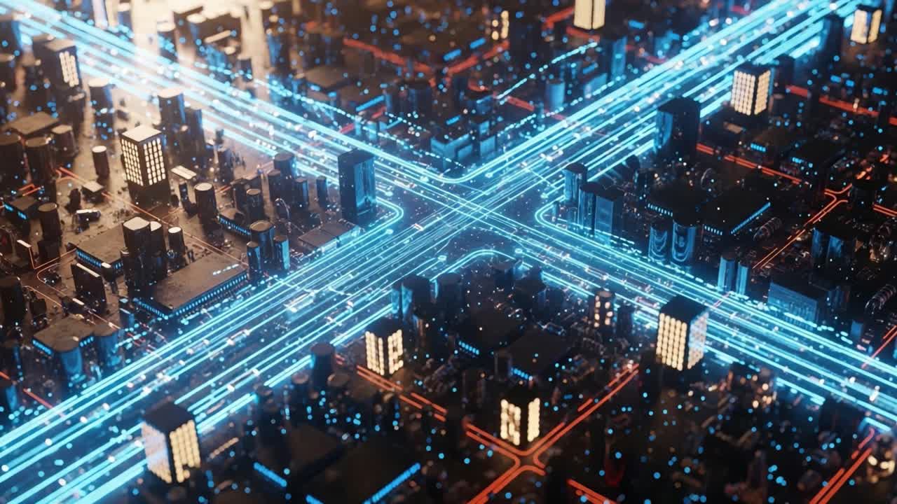 A Stunning Aerial Perspective of a Futuristic City Grid with Intersecting Roads and Glowing Neon Lights, Depicting a Vibrant Digital Landscape of Urban Connectivity