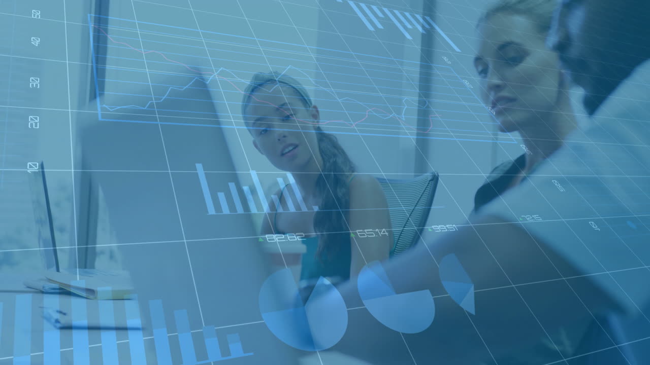 Animation of financial data processing over diverse business people in office