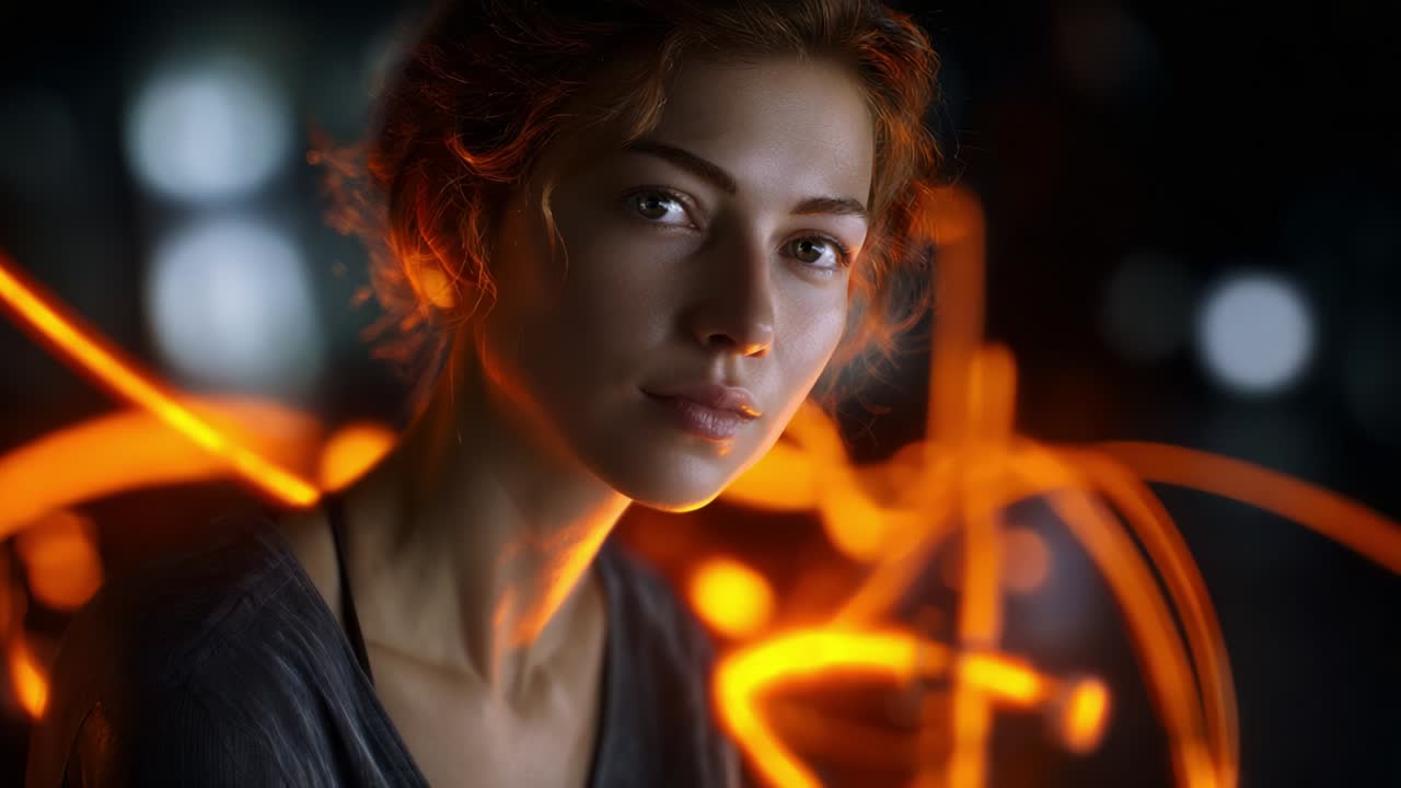 A captivating portrait of a young woman illuminated by swirling orange lights and soft backgrounds, embodying a blend of serenity and intrigue, highlighting her expressive features and engaging presence