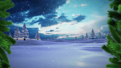 Animation-of-fir-trees-branches-over-winter-landscape