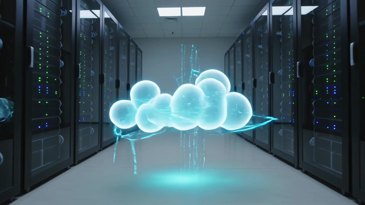 Appearing holographic cloud expanding in data center, streaming tendrils linking server racks