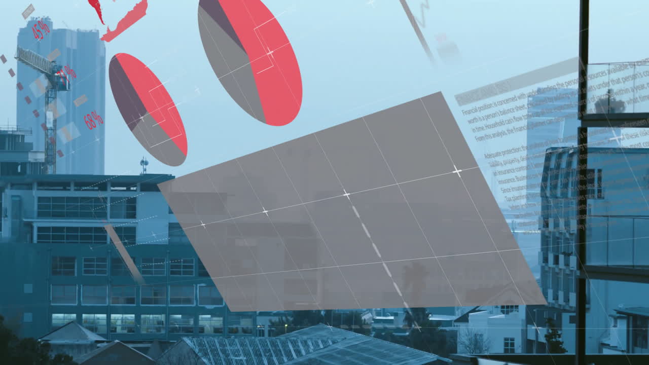 Digital data visualization floating over urban skyline, displaying red pie charts and bar columns