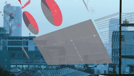 digital data visualization floating over urban skyline, displaying red pie charts and bar columns
