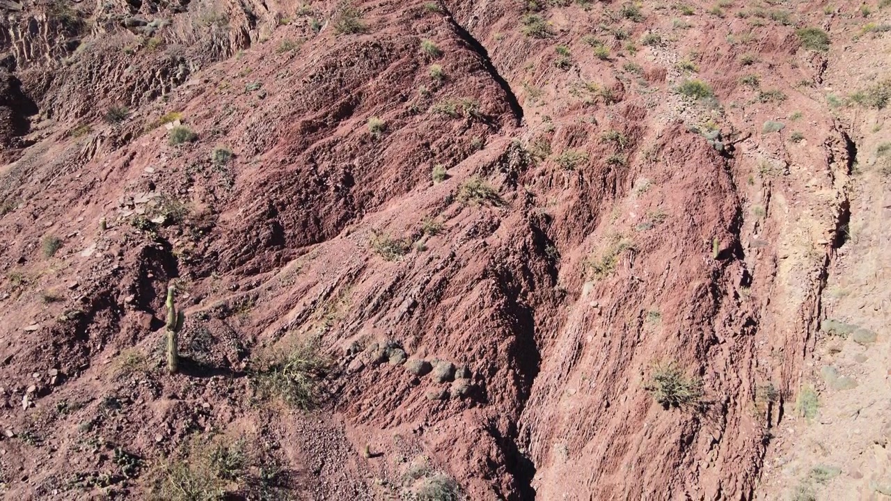 Steep red eroded hillside with scattered cacti and shrubs near Maimara in Jujuy as the drone glides along the rugged slope.