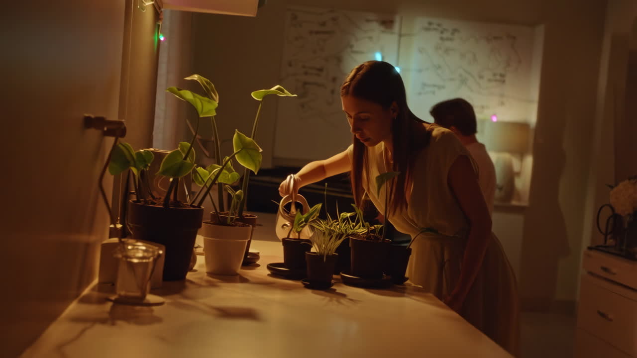 A woman watering her indoor plants at home in warm light