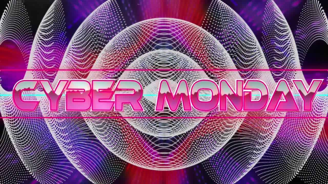 Animation of cyber monday text over neon shapes on dark background