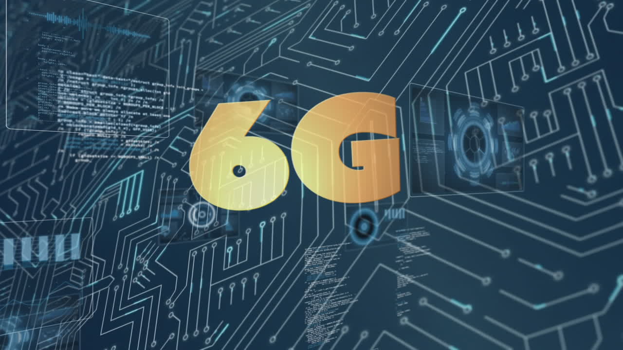 animación de texto de 6g con ámbitos y procesamiento de datos en pantallas sobre placa de circuito de computadora