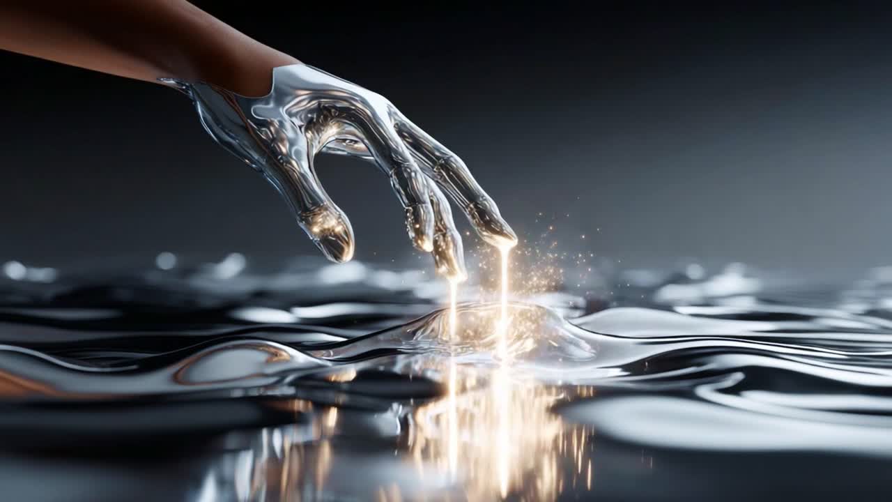 A Glimmering Robotic Hand Reaches into a Luminous Fluid Surface, Creating Sparks and Captivating Reflections, Showcasing a Fusion of Technology and Artistry in Motion
