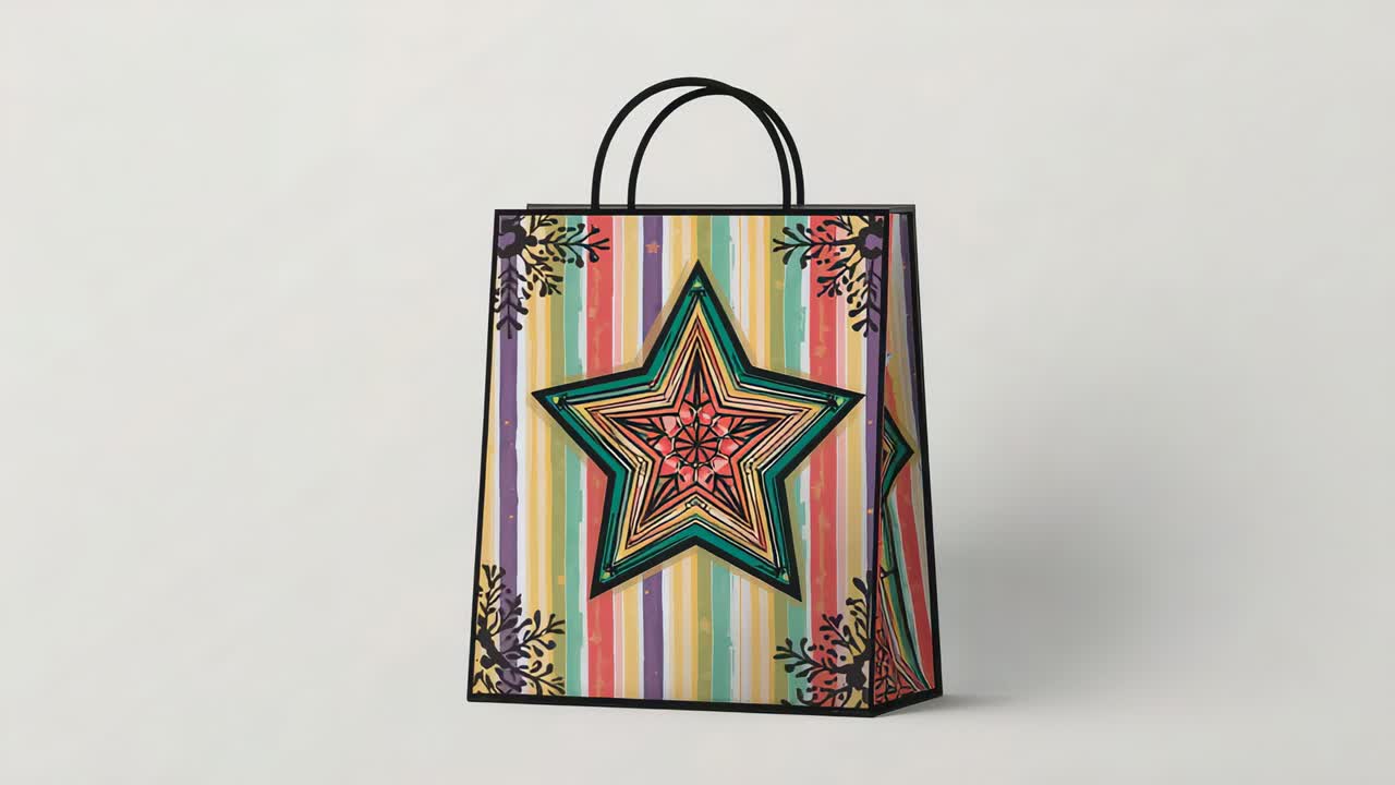 Zooming camera revealing gift bag in studio showing pastel stripes layered star and black handles