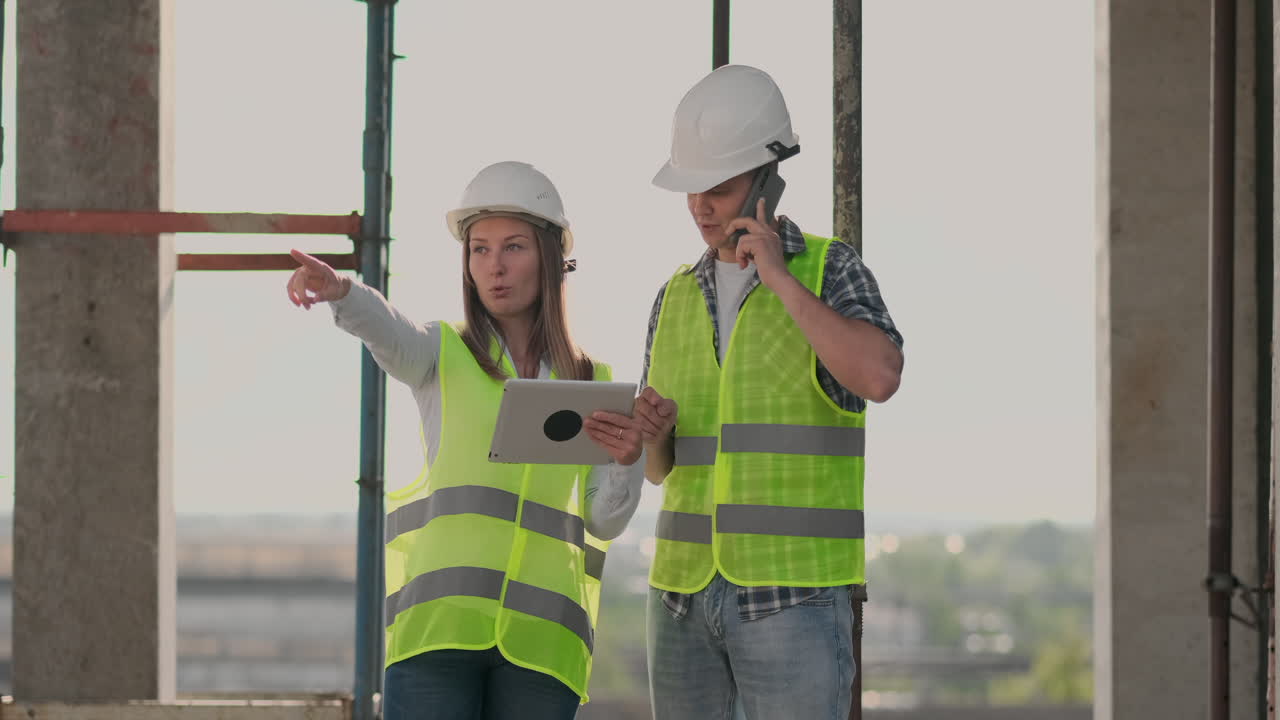 en la construcción con una mujer y un hombre constructores constructores ingenieros caminando a lo largo de él