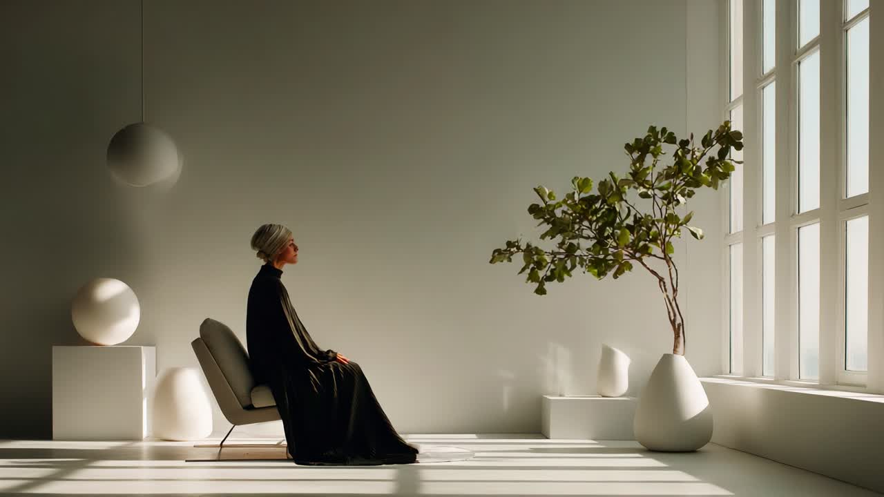 A Serene Moment of Contemplation: An Elegant Woman in a Minimalist Room Surrounded by Natural Light and Stylish Decor, Emphasizing Tranquility and Reflection in a Modern Space