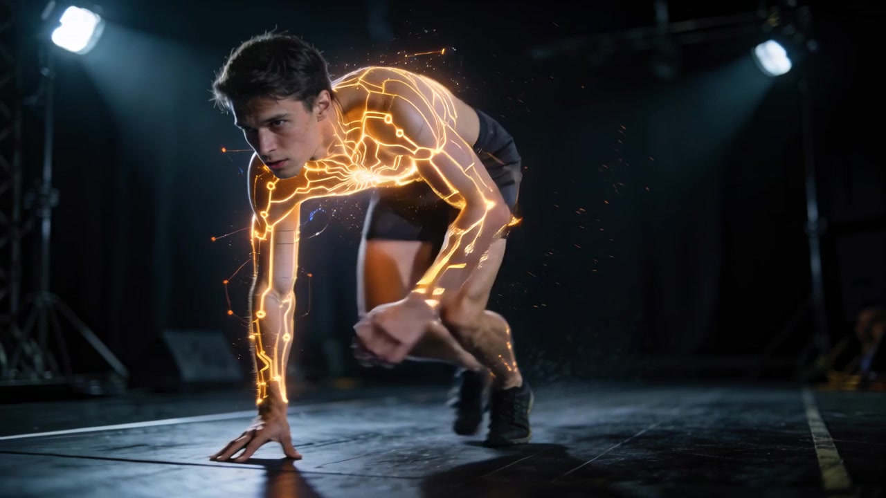 Velocista sin camiseta impulsándose desde el suelo, lanzándose en el escenario con pantalones cortos negros y líneas luminosas para la cámara.