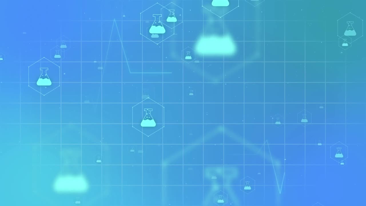 의료 아이콘의 애니메이션과 파란색 배경의 그리드 상의 데이터 처리