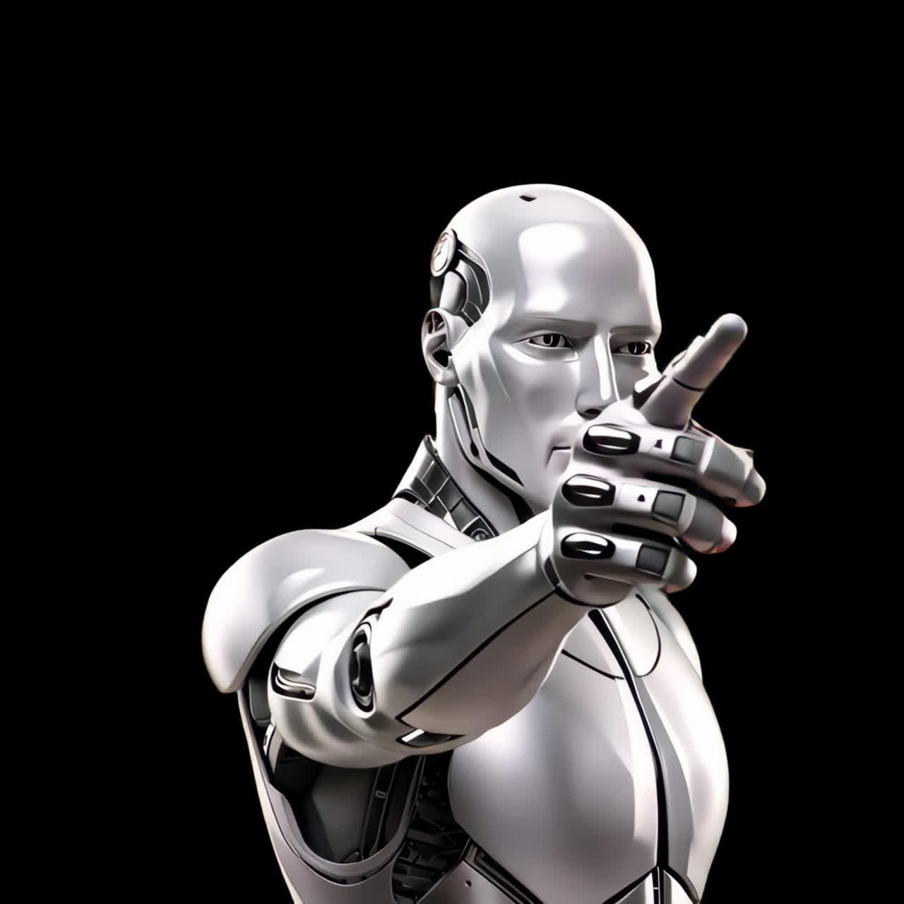 Futuristic humanoid robot pointing animation isolated asset, transparent 4K video, alpha channel