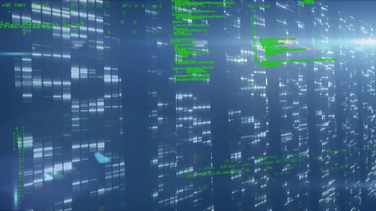 Animation of data processing on navy background with lights